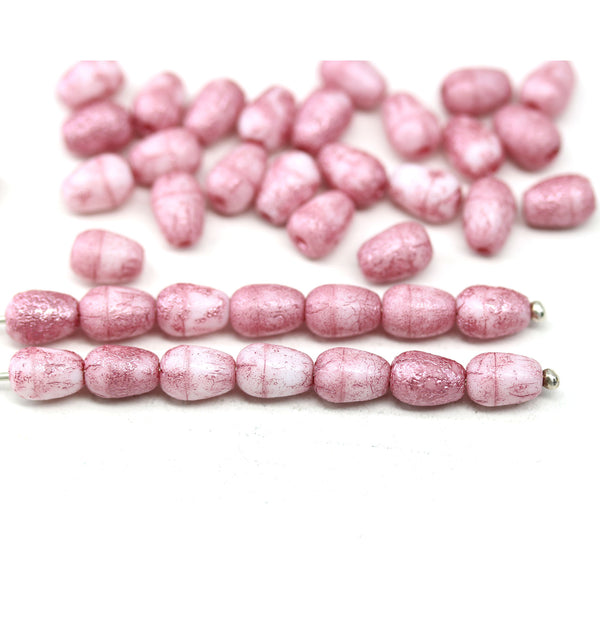 7x5mm White teardrop pink wash czech glass pear beads, 40pc