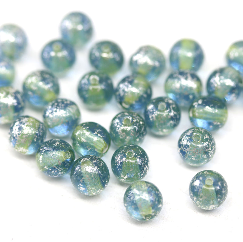 6mm Blue green druk round czech glass bead spacers silver wash - 30Pc