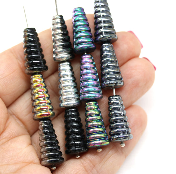 19x10mm Large cone czech glass beads Black silver luster, 6pc
