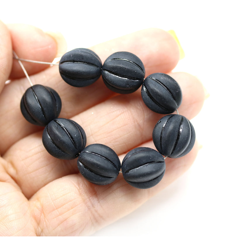 12mm Frosted black melon czech glass beads, 8pc