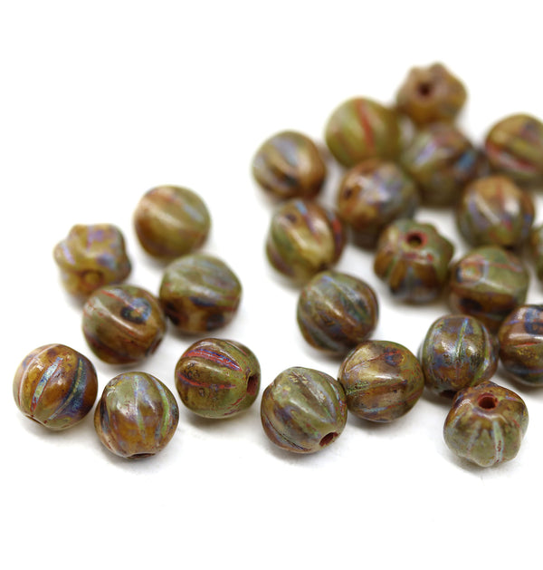 6mm Mixed brown round druk melon shape czech glass picasso beads, 30Pc