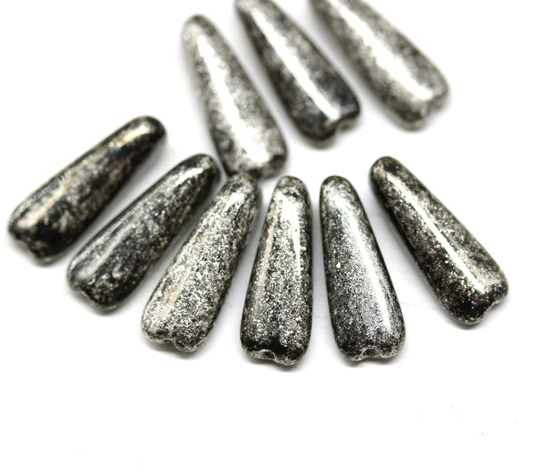 17x6mm Long black triangle beads silver wash Czech glass beads, 10Pc