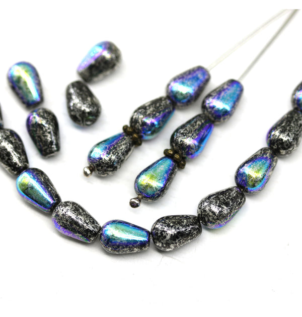 9x6mm Silver wash AB teardrop black czech glass pear beads 20pc