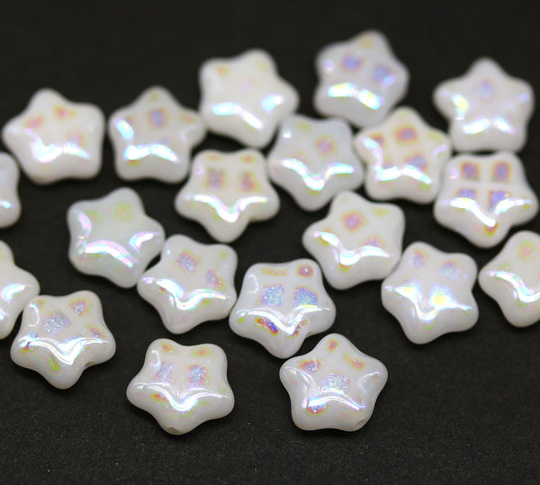 8mm White star Czech glass beads, AB finish both sides, 20Pc