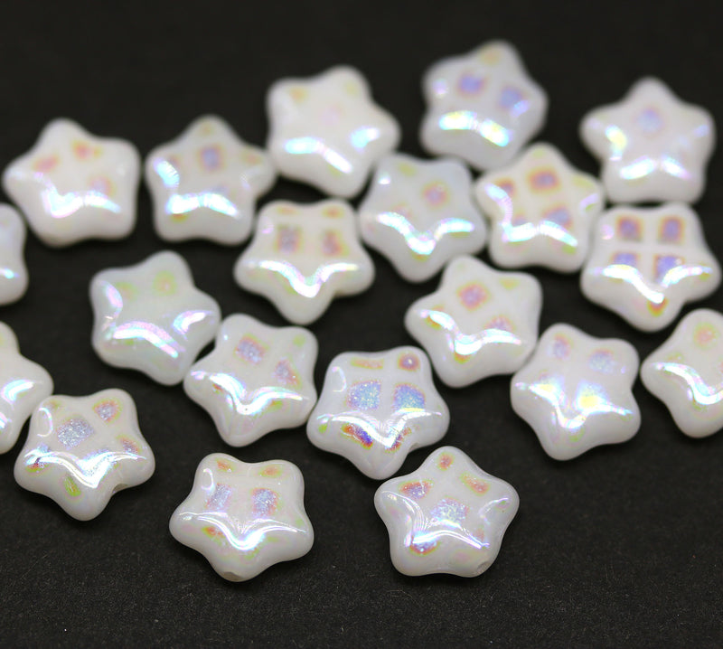 8mm White star Czech glass beads, AB finish both sides, 20Pc