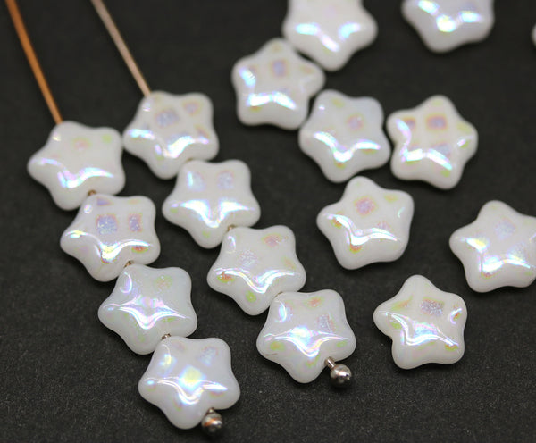 8mm White star Czech glass beads, AB finish both sides, 20Pc