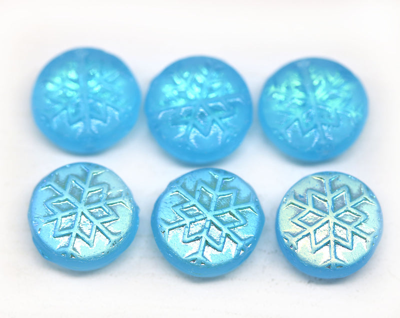 Frosted blue AB finish czech glass snowflake beads - 6pc
