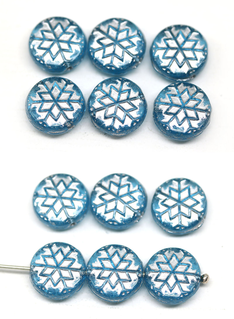 Blue silver finish czech glass snowflake beads - 6pc