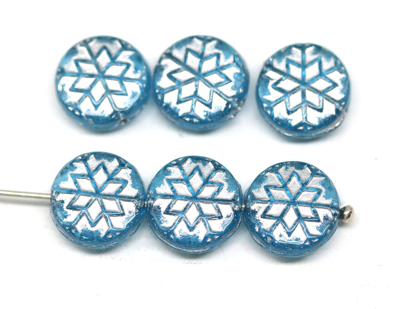 Blue silver finish czech glass snowflake beads - 6pc