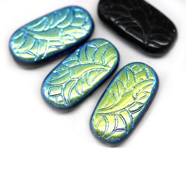 25x12mm Large oval black flat czech glass beads AB finish ornament - 4pc