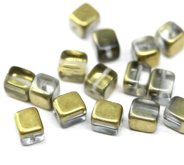 7x6mm Crystal clear cube czech glass, golden metallic finish 15pc