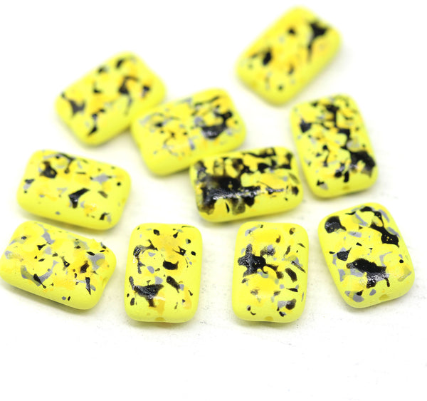 12x8mm Rectangle yellow black czech glass beads, 10pc