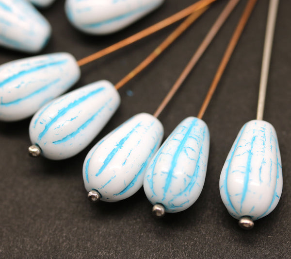 15x8mm White pear shape teardrop czech glass beads blue inlays, 10pc