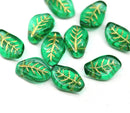 14x9mm Curvy leaf Czech glass green wavy leaves gold inlays beads 10pc