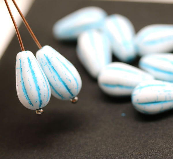 15x8mm White pear shape teardrop czech glass beads blue inlays, 10pc