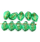 14x9mm Curvy leaf Czech glass green wavy leaves gold inlays beads 10pc