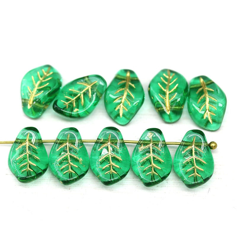 14x9mm Curvy leaf Czech glass green wavy leaves gold inlays beads 10pc