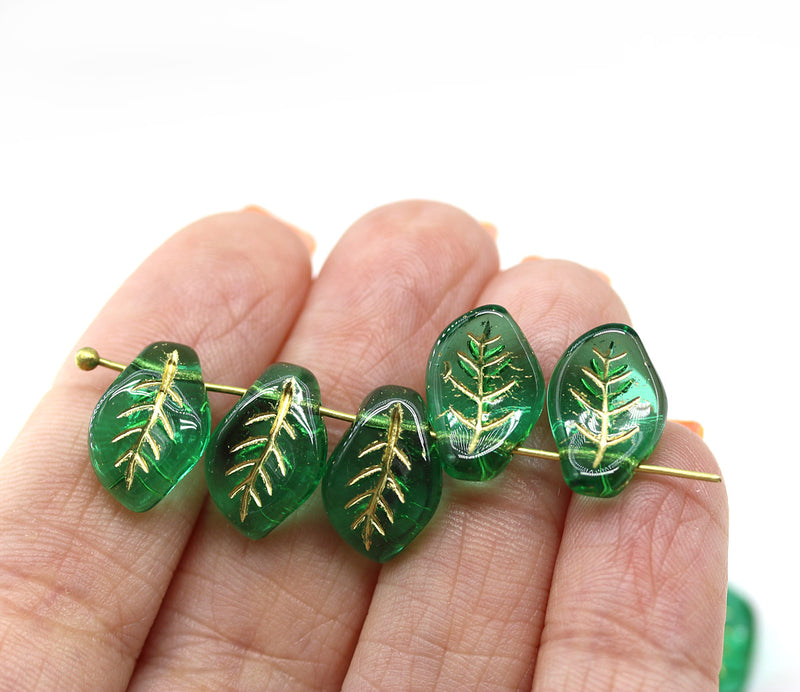 14x9mm Curvy leaf Czech glass green wavy leaves gold inlays beads 10pc