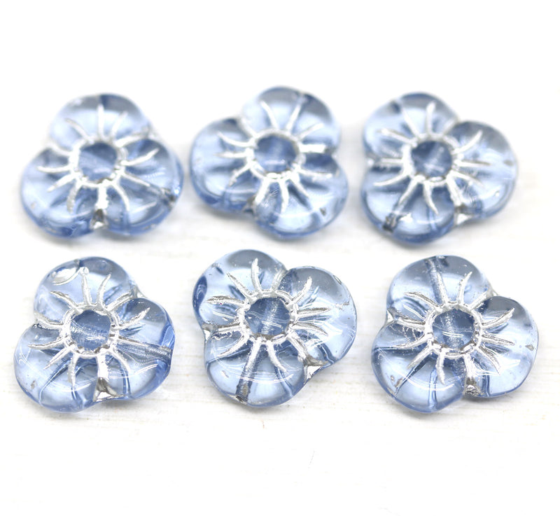 13mm Blue pansy flower beads silver inlays Czech glass 6pc