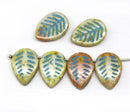 12x16mm Picasso czech glass leaf beads, blue inlays side drilled leaves 6pc