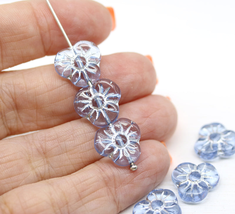13mm Blue pansy flower beads silver inlays Czech glass 6pc