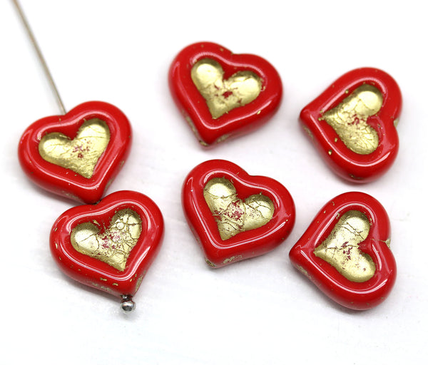 14mm Red heart Czech glass beads - 6pc