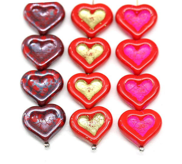 14mm Red heart Czech glass beads - 6pc