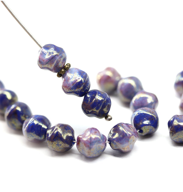 8mm Blue pink Czech glass round baroque beads, luster, 20Pc