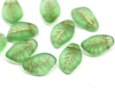 14x9mm Curvy leaf Czech glass green frosted wavy leaves pressed beads 10pc