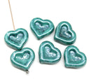 14mm Blue green heart Czech glass beads - 6pc