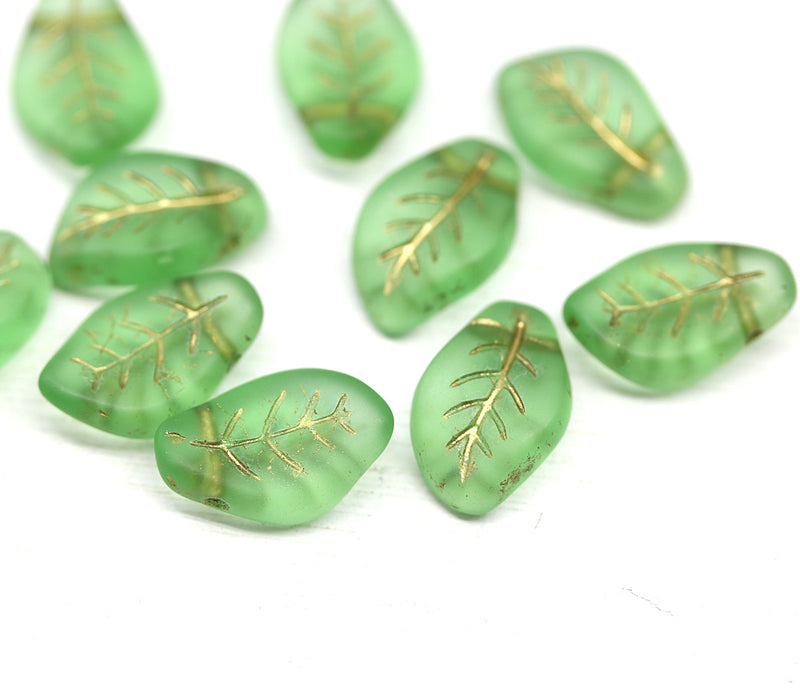 14x9mm Curvy leaf Czech glass green frosted wavy leaves pressed beads 10pc