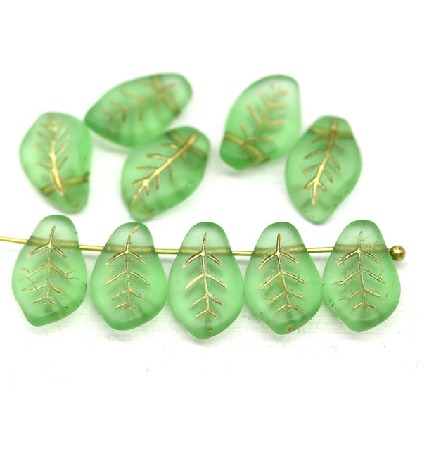 14x9mm Curvy leaf Czech glass green frosted wavy leaves pressed beads 10pc
