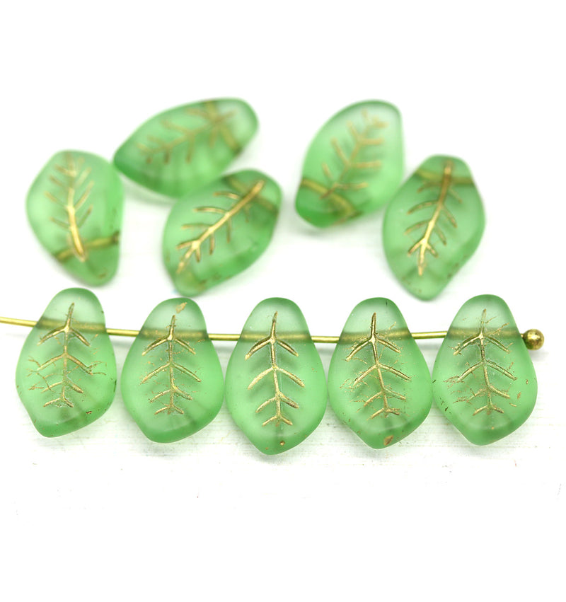 14x9mm Curvy leaf Czech glass green frosted wavy leaves pressed beads 10pc