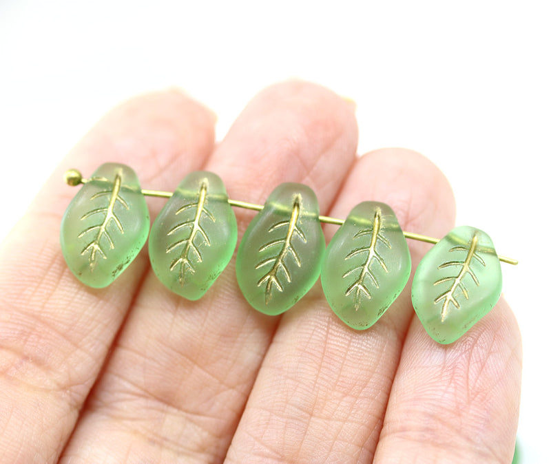 14x9mm Curvy leaf Czech glass green frosted wavy leaves pressed beads 10pc