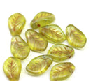 14x9mm Curvy leaf Czech glass green picasso wavy leaves pressed beads 10pc