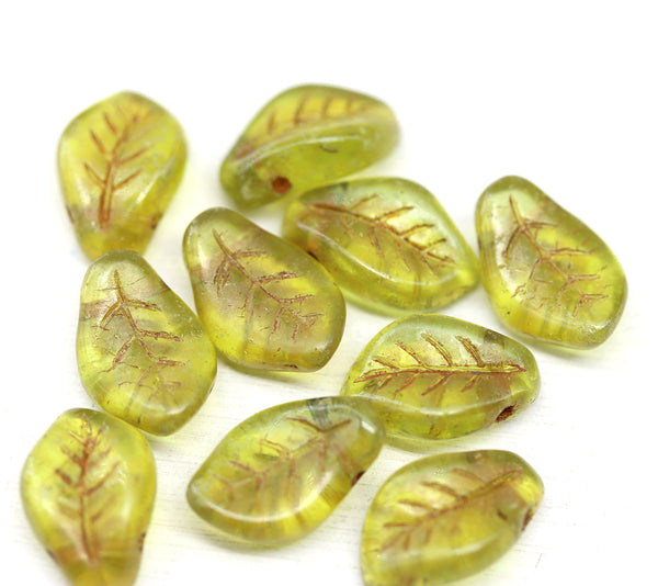 14x9mm Curvy leaf Czech glass green picasso wavy leaves pressed beads 10pc