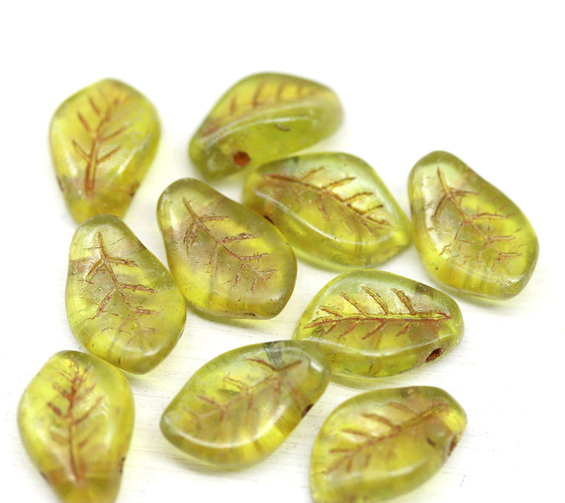 14x9mm Curvy leaf Czech glass green picasso wavy leaves pressed beads 10pc
