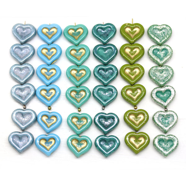 14mm Blue green heart Czech glass beads - 6pc