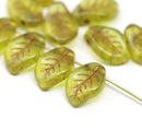 14x9mm Curvy leaf Czech glass green picasso wavy leaves pressed beads 10pc