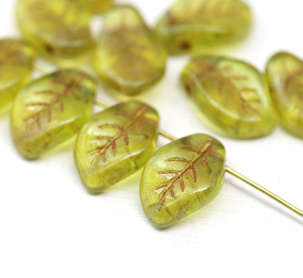 14x9mm Curvy leaf Czech glass green picasso wavy leaves pressed beads 10pc