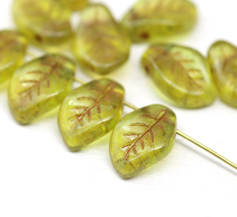 14x9mm Curvy leaf Czech glass green picasso wavy leaves pressed beads 10pc