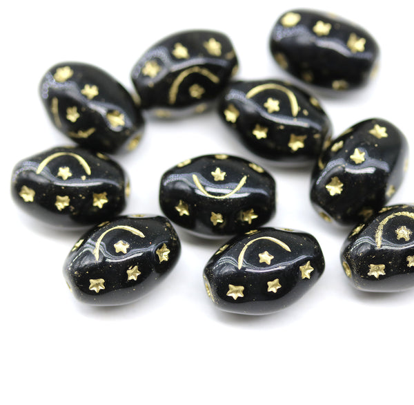 12x9mm Jet black barrel czech glass beads, golden ornaments, 10Pc