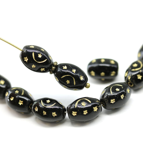 12x9mm Jet black barrel czech glass beads, golden ornaments, 10Pc