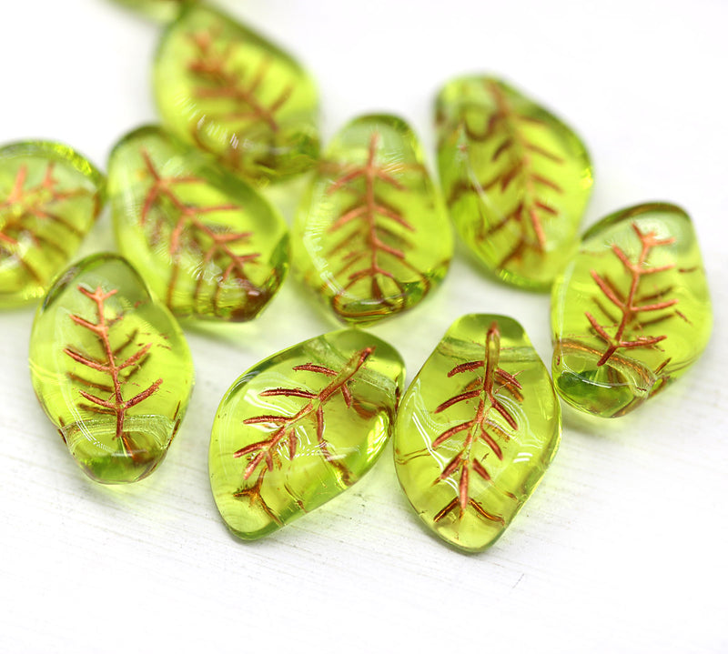 14x9mm Curvy leaf Czech glass green wavy leaves copper inlays beads 10pc