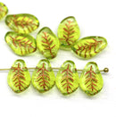 14x9mm Curvy leaf Czech glass green wavy leaves copper inlays beads 10pc