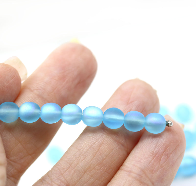 6mm Seaglass blue czech glass round druk beads 30Pc