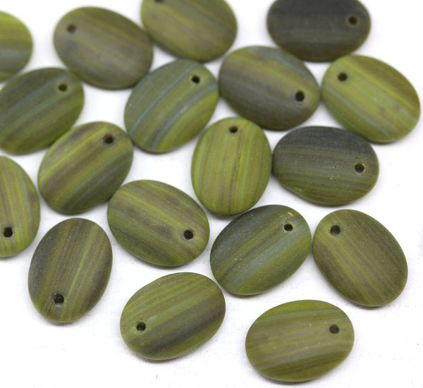12x9mm Frosted olive green Oval flat drop czech glass beads top drilled - 20Pc