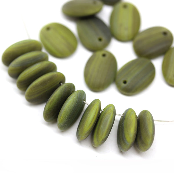 12x9mm Frosted olive green Oval flat drop czech glass beads top drilled - 20Pc