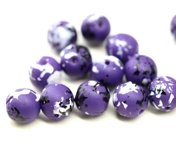 8mm Purple round czech glass druk pressed beads with ornament, 15Pc