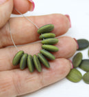 12x9mm Frosted olive green Oval flat drop czech glass beads top drilled - 20Pc